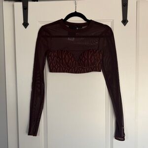 Sheer Long-Sleeve Cropped Mesh Top in Brown with Patterned Bust